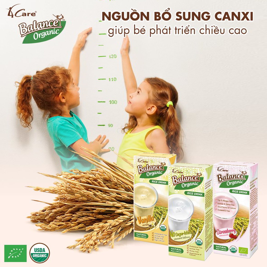 Sữa gạo hữu cơ hương vani Thái Lan 4Care Balance Organic (lốc 3 hộp x 180ml)