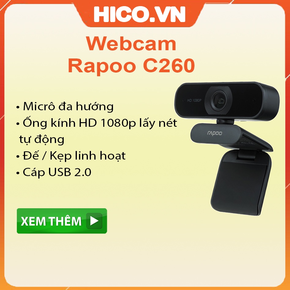 Webcam Máy Tính Rapoo C260 FullHD 1080p Tích Hợp Mic Khử Ồn Hình Ảnh Sắc Nét - Bảo Hành Chính Hãng 24 Tháng