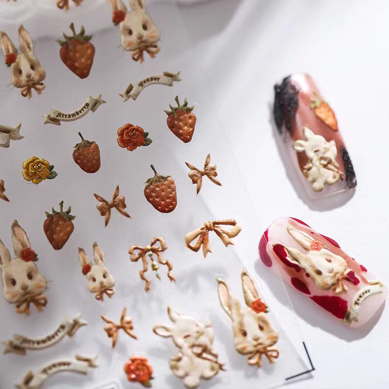 Miếng Dán Trang Trí Móng Tay Họa Tiết Thỏ Dập Nổi 5D Phong Cách Retro