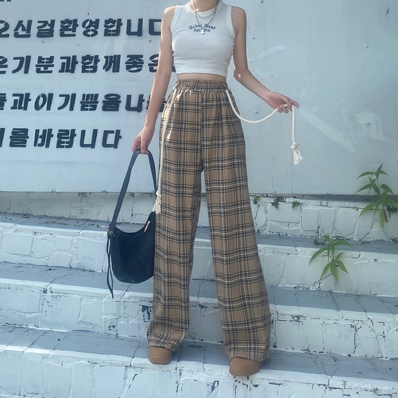 Quần dài SUXI lưng cao ống rộng họa tiết sọc caro phong cách vintage thời trang cho nữ