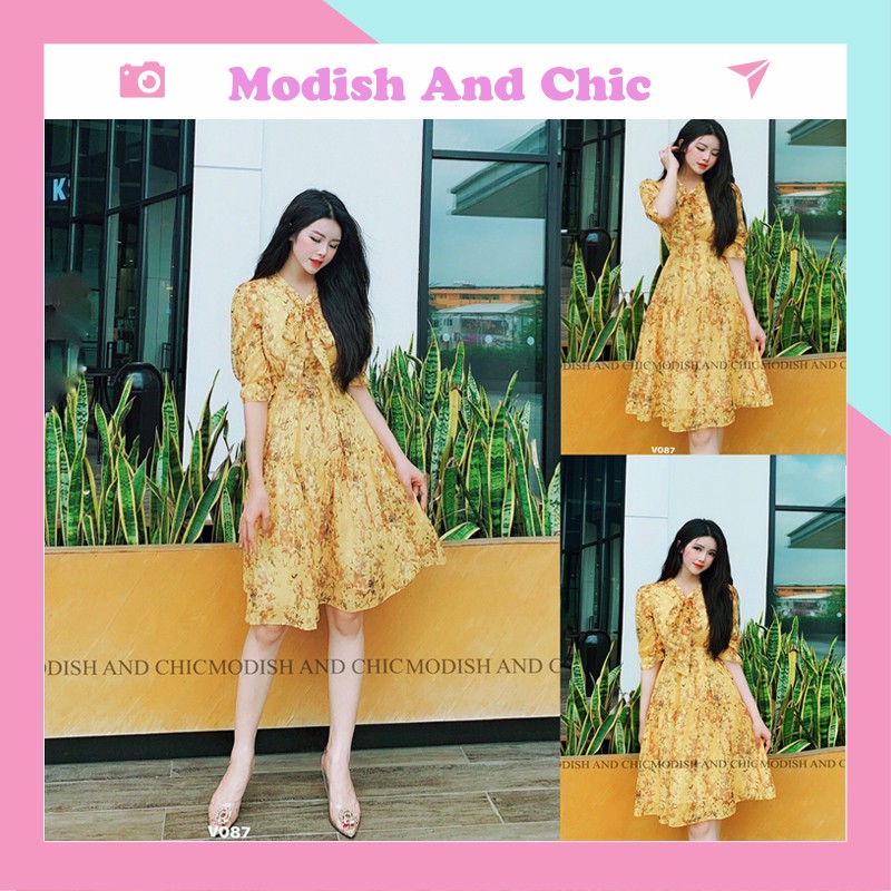 Váy hoa nhí vàng nơ cổ đẹp dài dự tiệc V087 - MC phân phối chính thức ( kèm ảnh thật shop tự chụp)
