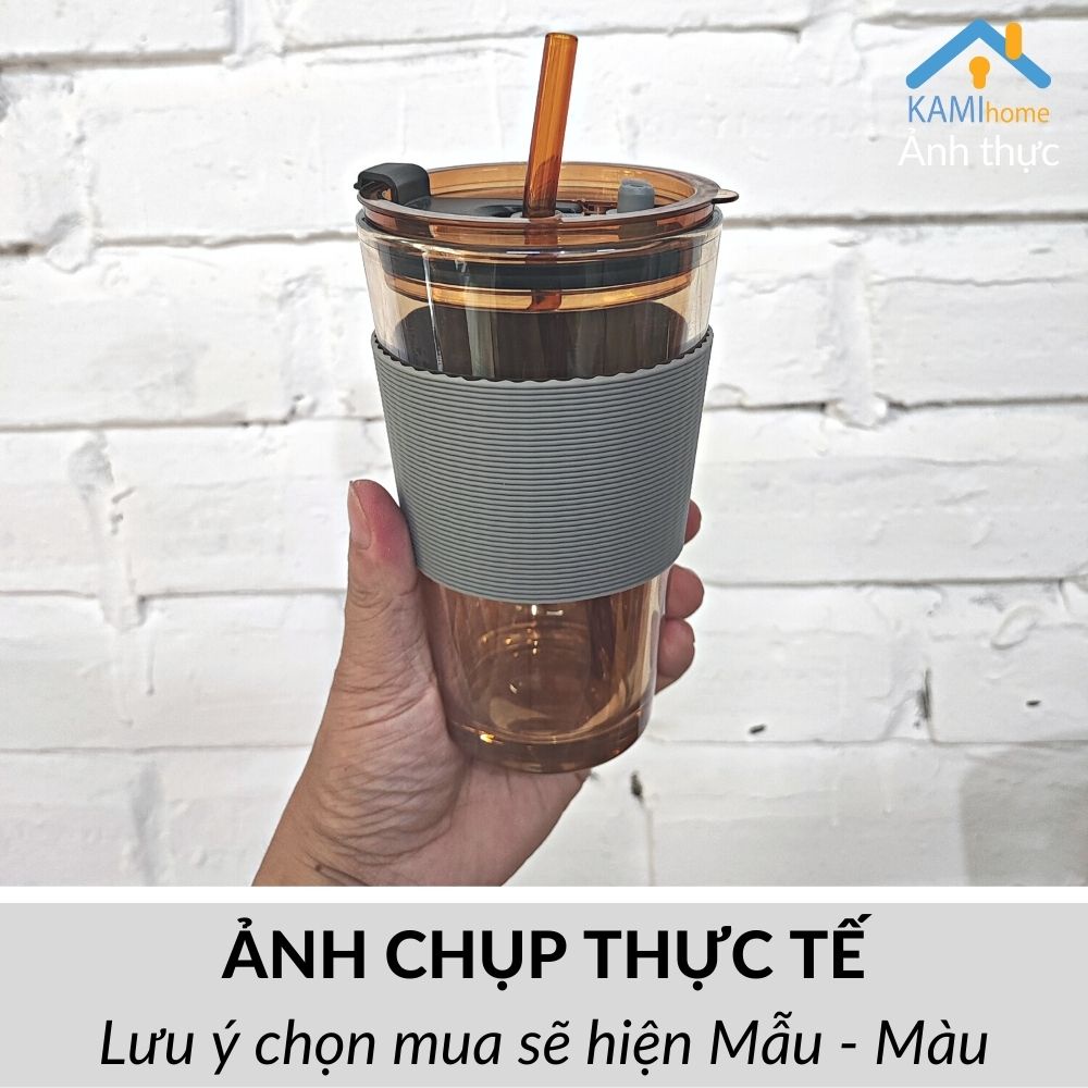 Ly thủy tinh có nắp và ống hút chịu nhiệt nóng lạnh cỡ 450ml KM22051