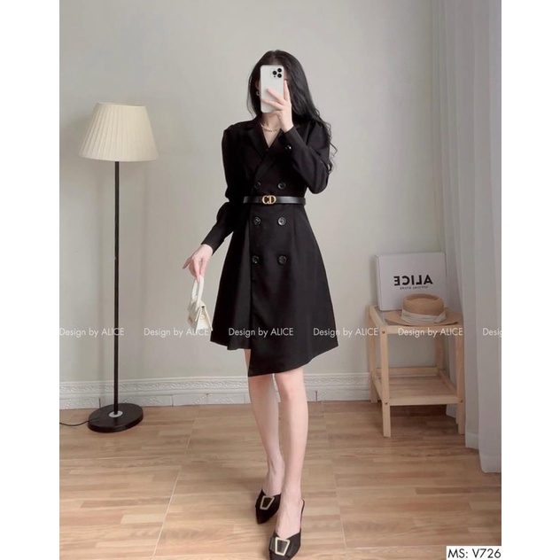 VN532 - VÁY CỔ VEST ĐEN 2 LỚP LỆCH VẠT KÈM ĐAI