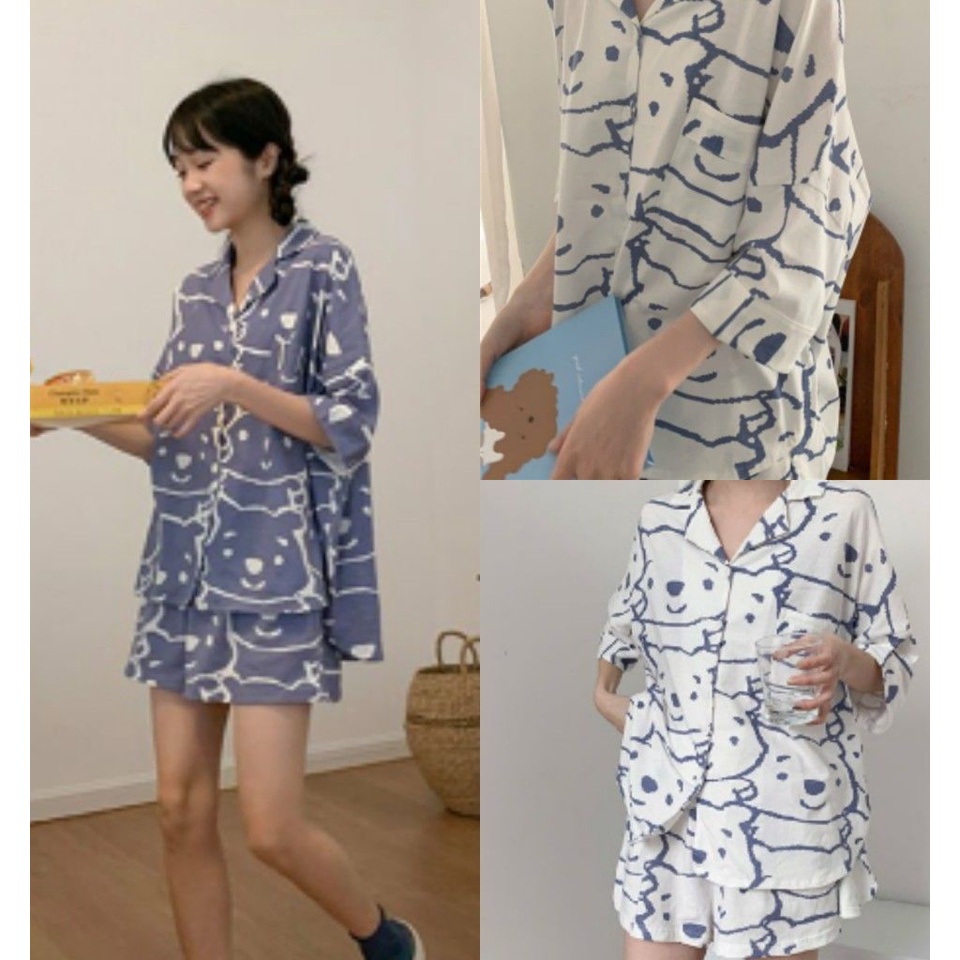 Bộ Ngủ Nữ Cộc Hình Gấu Set Áo Quần Cộc Cúc Cài Họa Tiết In 2 Màu X005 | BigBuy360 - bigbuy360.vn