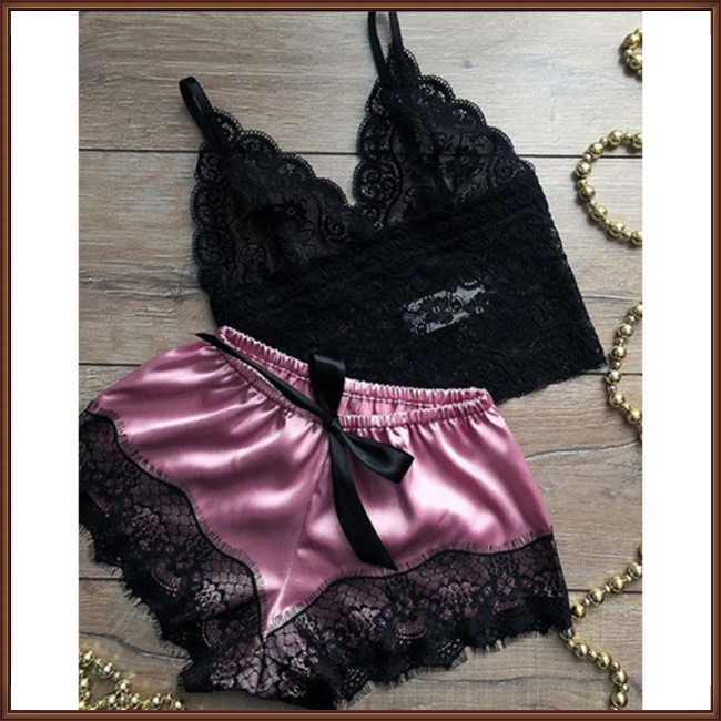 Bộ Đồ Ngủ 2 Món Áo Hai Dây Cổ Chữ V Phối Ren Và Quần Lót Ren Quyến Rũ Dành Cho Nữ