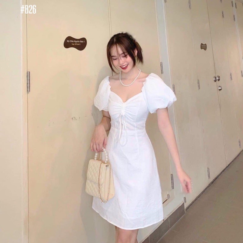 Đầm form A nhíu ngực tay phồng vải đũi 3 màu siêu xinh