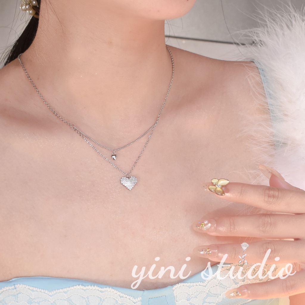 Vòng cổ Hai Lớp Hình Trái Tim Đính Đá Pha Lê Thời Trang Cho Nữ