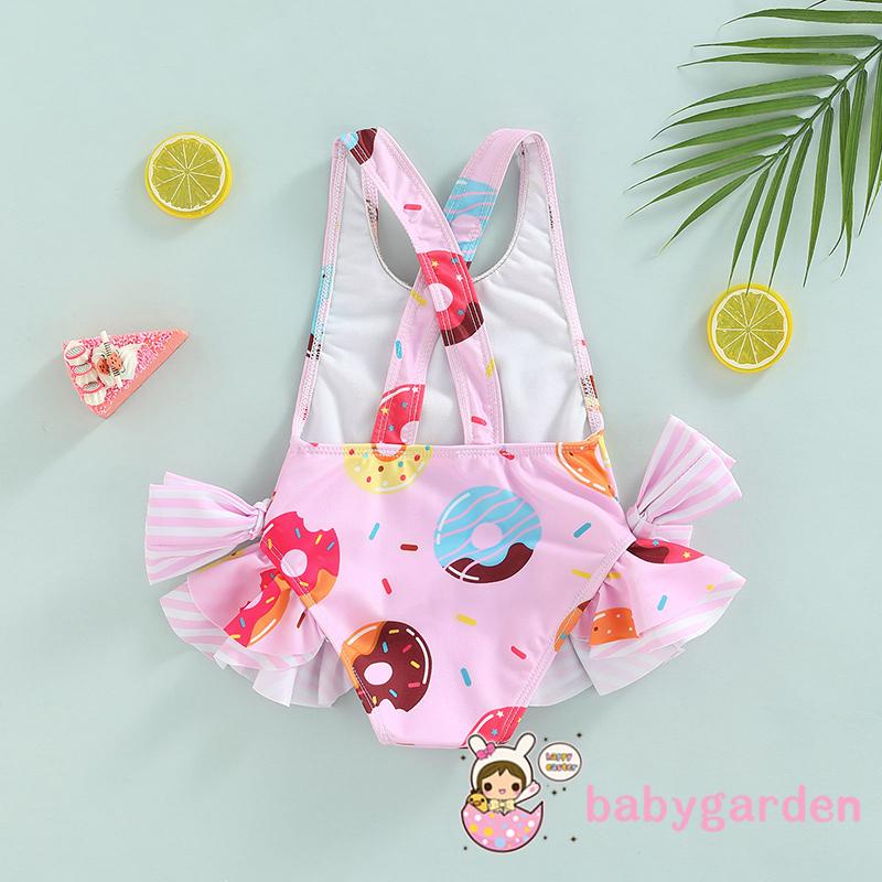 BABYGARDEN-1-6years Baby Girls One-Piece Swimwear, Sleeveless Doughnut/Ice Cream Printed Large Bowknot Ruffled Triangle