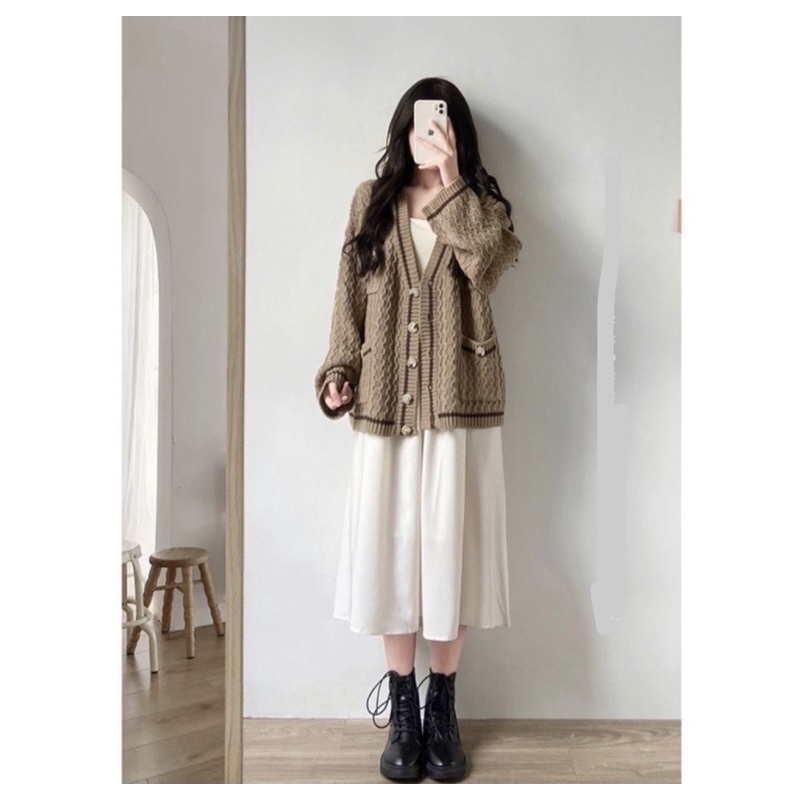 áo khoác cardigan len form dáng rộng dài trùm mông vintage