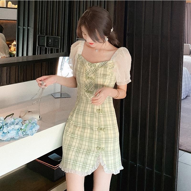 Váy Tay Ngắn Phối Lưới Phong Cách Retro Cho Nữ