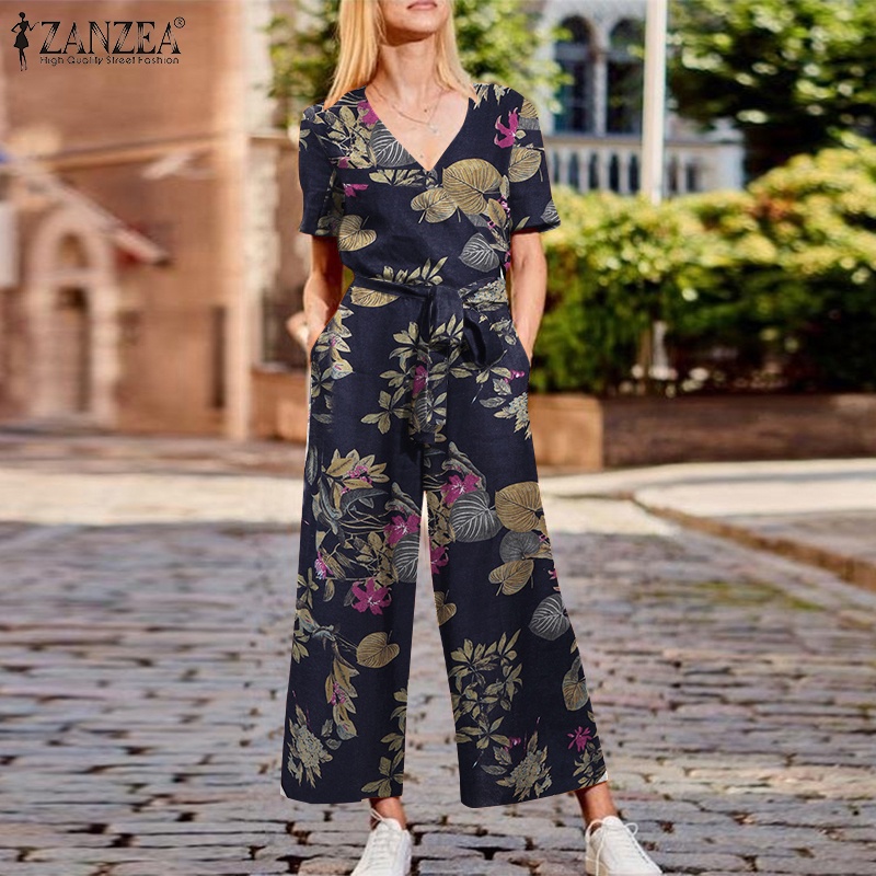 Áo liền quần ZANZEA bằng cotton ngắn tay cổ chữ v có túi thời trang cho nữ