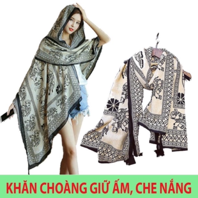 Khăn choàng nữ thời trang, giữ ấm, che nắng, quàng cổ, choàng cơ thể hoa văn hình voi