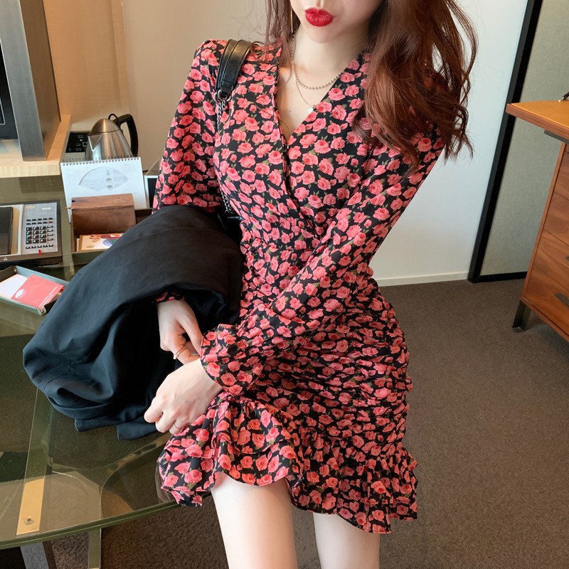 Đầm dáng ôm hoa nhí mini tay dài Emilyshop