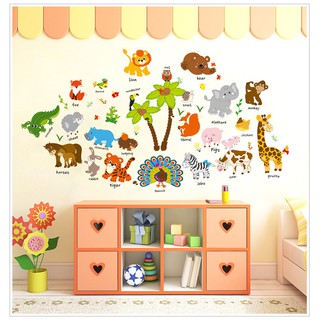 Decal dán tường trang trí phòng cho bé vườn thú kèm tên Tiếng anh
