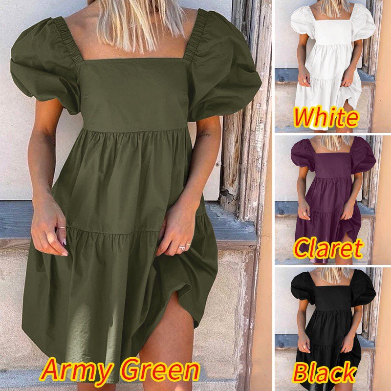 Đầm ZANZEA mini cổ vuông tay phồng có thun co giãn màu trơn thời trang dành cho nữ