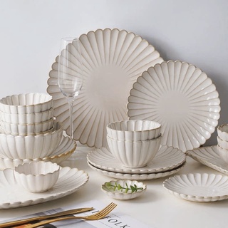 Bộ bát đĩa cúc trắng cao cấp, bát đĩa sứ trắng, bát đĩa decor