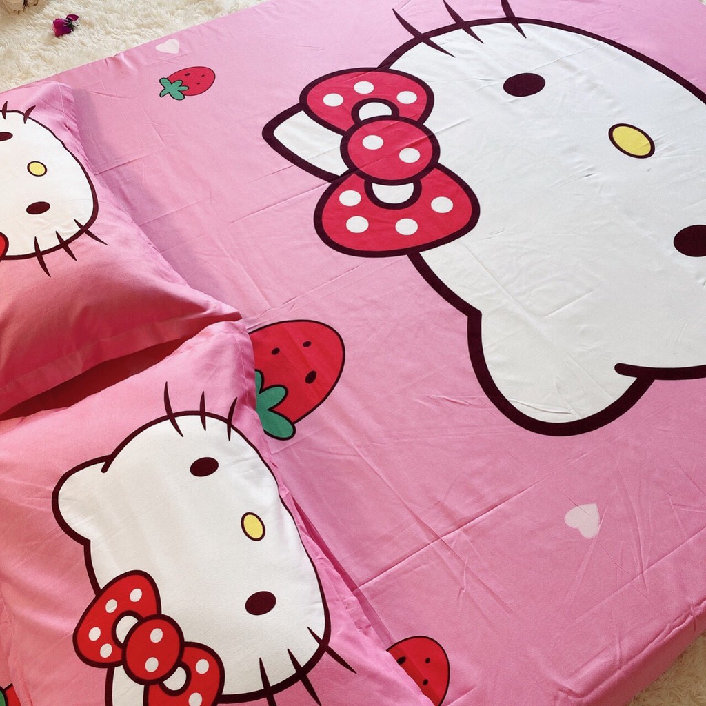 Ga Gối Cotton Tina Hàng Nhập Khẩu Cao Cấp 3 Món Mẫu Kitty dâu