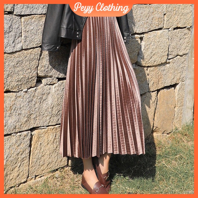 Chân váy xếp ly dài cạp chun chất nhung mịn CV06 - Peyy Clothing
