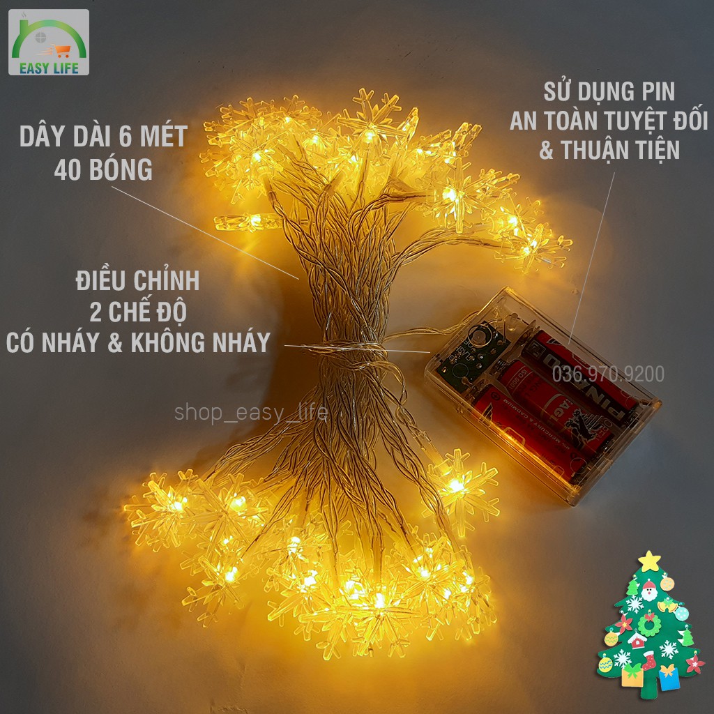 Đèn Trang Trí Bông Tuyết Noel Cao Cấp [Không Cần Cắm Điện - An Toàn - Gọn Nhẹ] - Dài 6 Mét - 40 Bóng