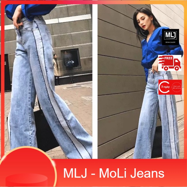 Quần jean baggy suông ống rộng viền cạnh BIG SIZE phom rộng to dài, tua lai sọc viền cực đẹp 3290