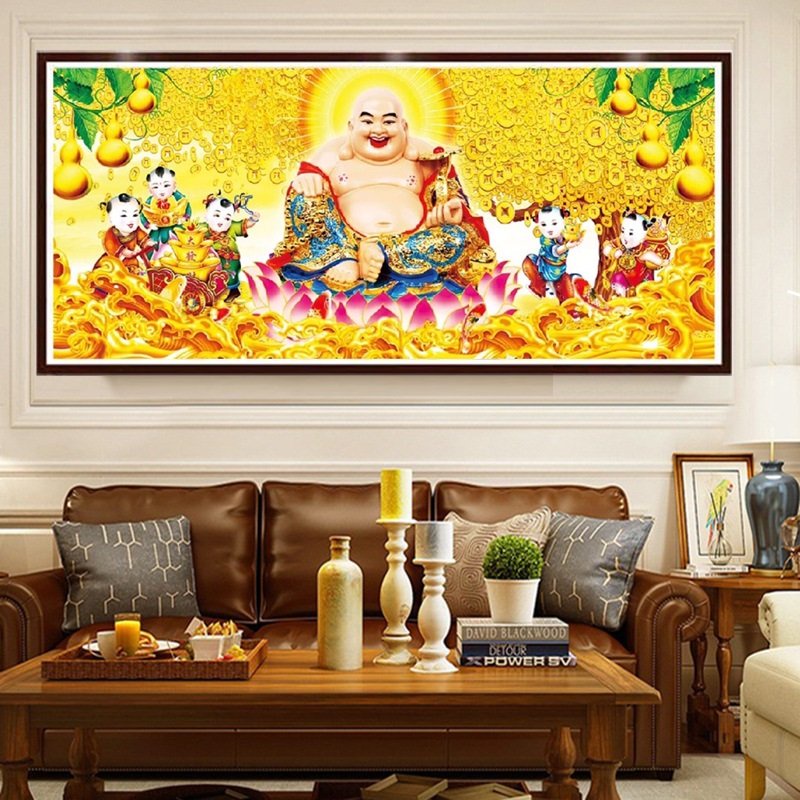 Tranh đính đá Phật Di Lặc Ngũ Phúc - kích thước:110x55cm, 150x70cm ( Tranh chưa đính đá)