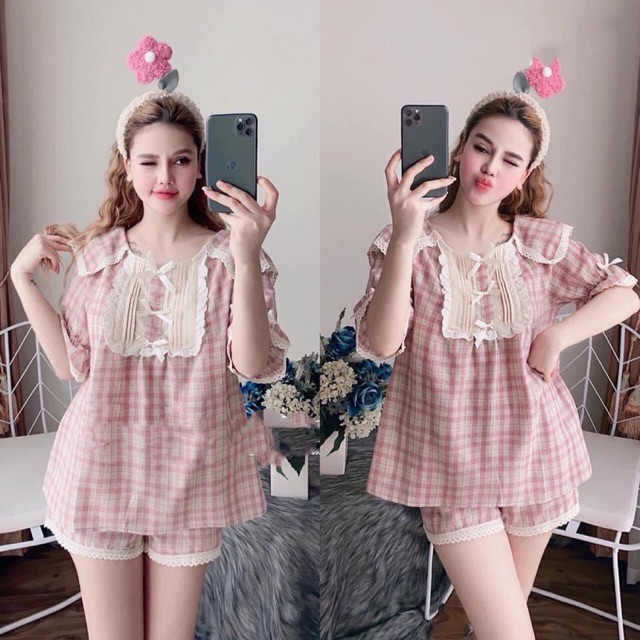 Bộ mặc nhà caro hồng phối ren các mãu