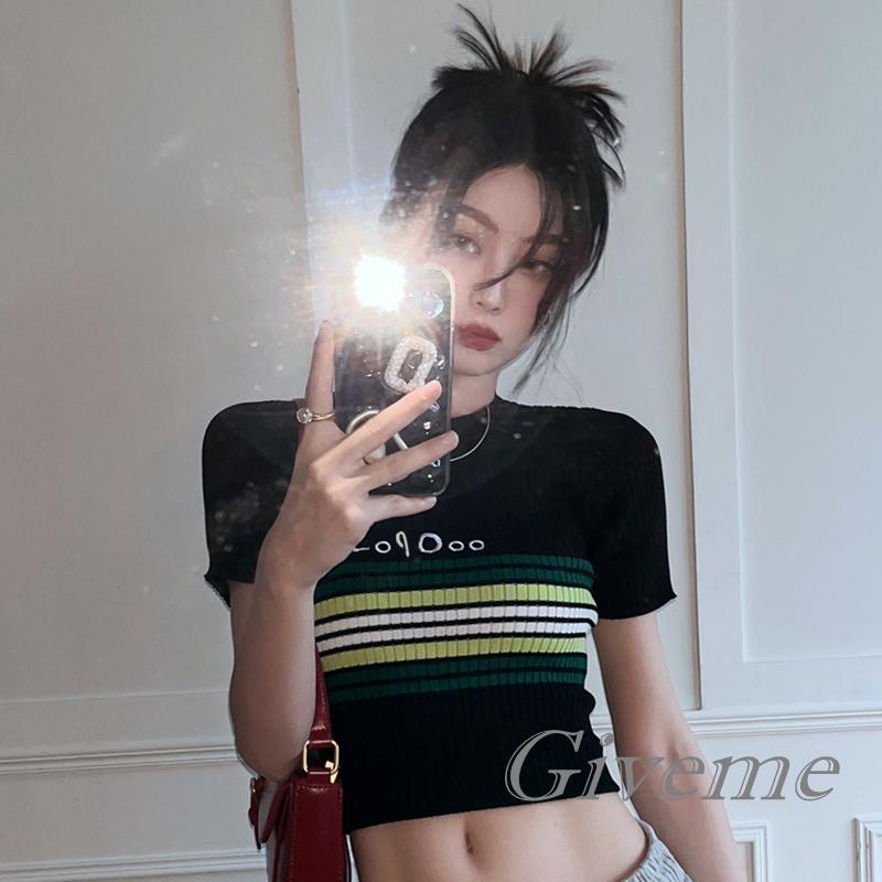 Áo Croptop Dệt Kim Cổ Tròn Tay Ngắn Họa Tiết Kẻ Sọc Thời Trang Mùa Hè Cho Nữ