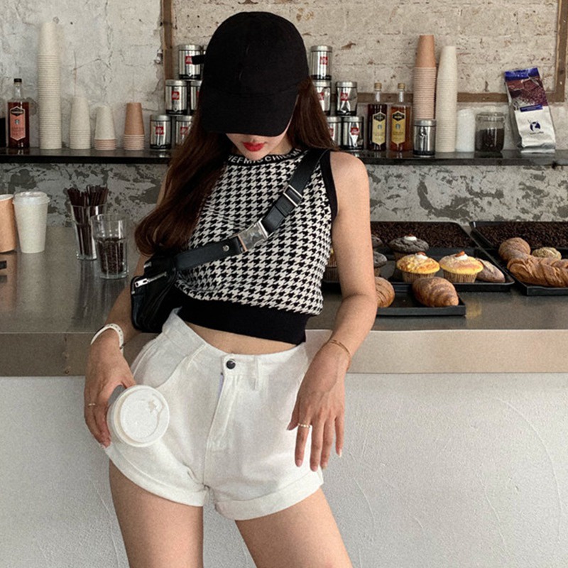 Áo croptop sát nách hoạ tiết in phong cách Retro Hàn Quốc cho nữ