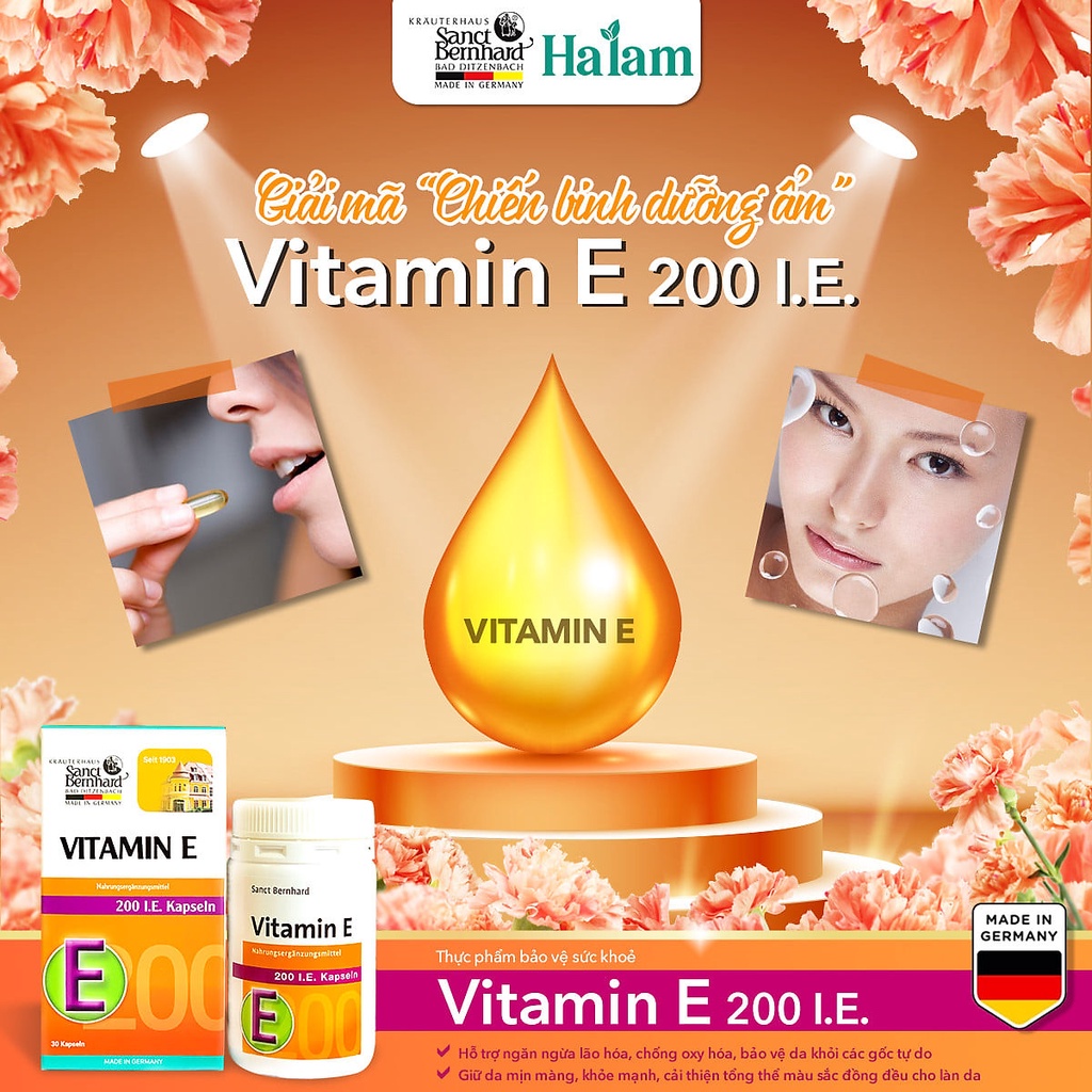 Vitamin E Kapseln hỗ trợ làm đẹp da, chống oxy hóa, ngăn ngừa lão hóa Sanct Bernhard Đức