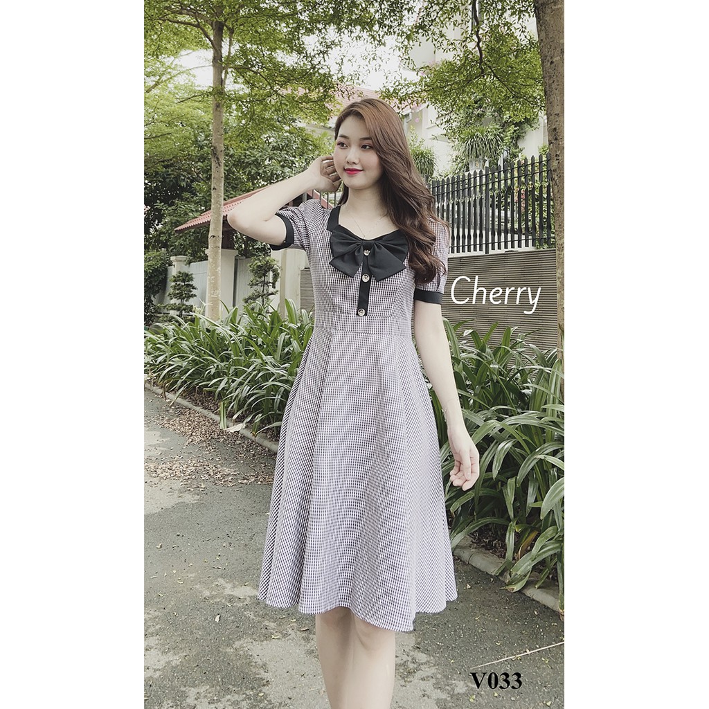 Đầm công sở kẻ caro nhỏ thắt nơ, váy vintage dáng xòe xinh đẹp, ngắn tay xinh xắn phù hợp đi làm dự tiệc  Cherry - V038