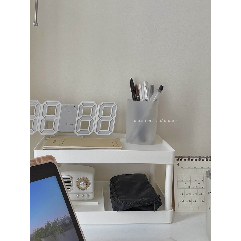 Kệ nhựa trắng 2 tầng viền inox để bàn đựng đồ đa năng, đựng mỹ phẩm trang điểm tiện dụng Casimi Decor