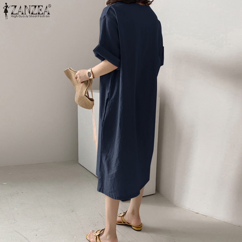 Đầm midi ZANZEA tay ngắn cổ chữ V phong cách Hàn Quốc cho nữ