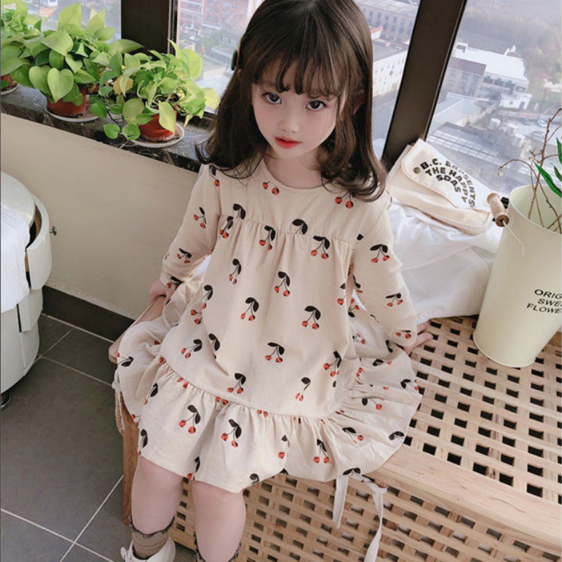 Đầm công chúa tay dài in họa tiết quả cherry đáng yêu thời trang dành cho bé gái
