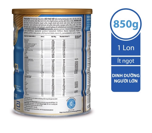 Sữa Ensure gold hương Vani ít ngọt 850g