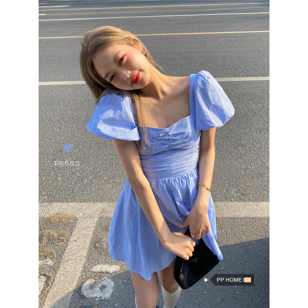 Đầm (váy) caro xanh xòe Korea (Hàn Quốc)