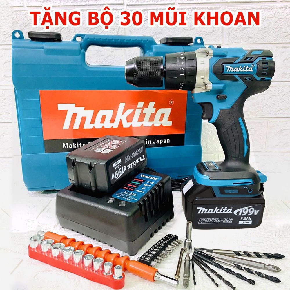 Máy khoan pin 199V Makita 3 chứ năng có búa - Động cơ không chổi than siêu mạnh mẽ - Tặng kèm bộ phụ kiện 30 chi tiết