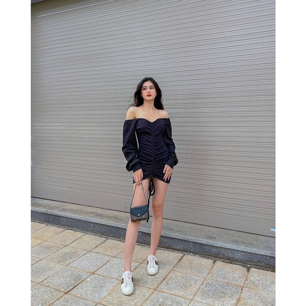 Đầm body HHVINTAGE kiểu bẹt vai, rút dây