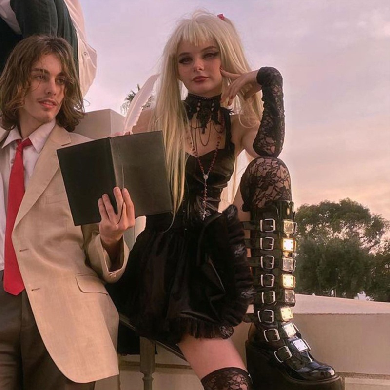 Đầm chữ A không tay eo cao màu đen phong cách gothic thời trang cho nữ