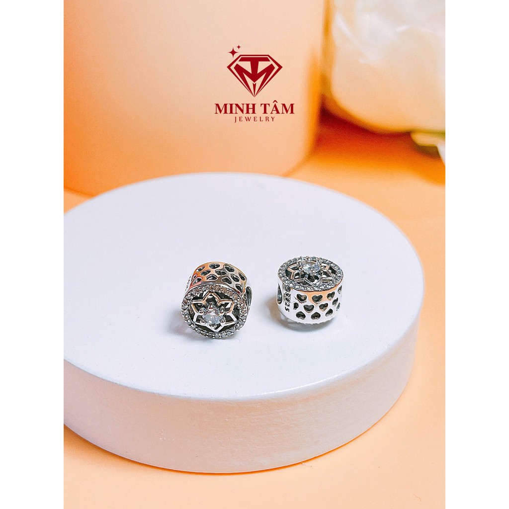 Charm Pan bạc in hoa 6 cánh nhụy đá, Charm bạc 925 hình hoa nhụy đá-Minh Tâm jewelry