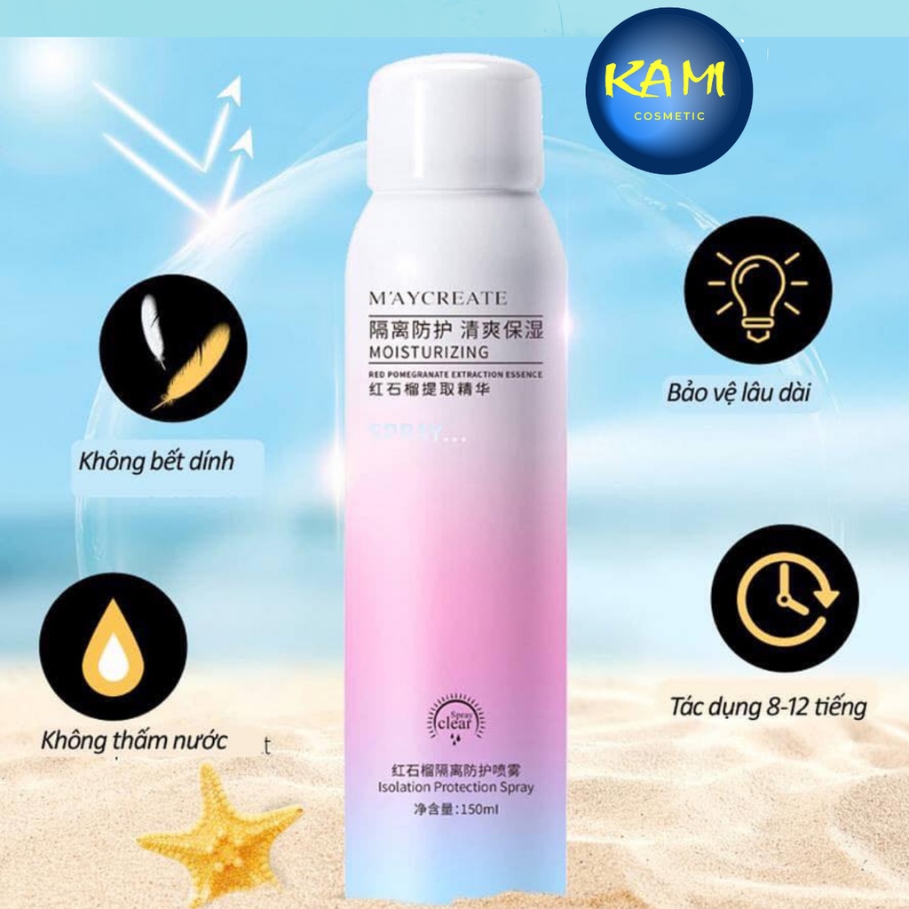 Xịt chống nắng body và mặt maycreate 150ml - KAMI - không bết dính không thấm nước, da trắng hồng dành cho da dầu mụn