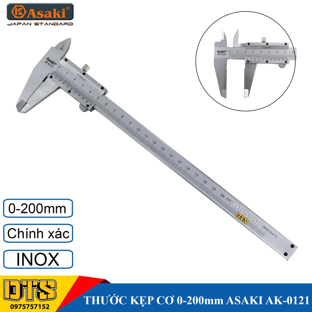 Thước cặp cơ khí Inox 0-200mm Asaki AK-0121, độ chính xác cao (Thước kẹp cơ Asaki) - Chính hãng