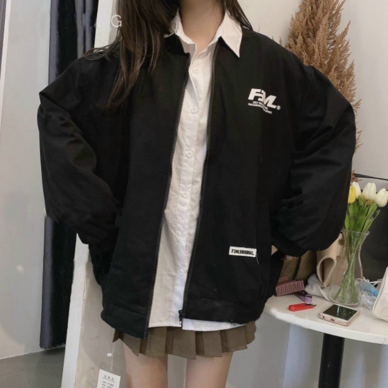 Áo khoác bomber kaki nhung gân unisex in hoạ tiết phối màu kiểu áo bomber phong cách hàn