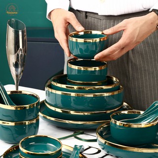 Bộ bát đĩa sứ xanh cổ vịt viền vàng cao cấp phong cách Bắc Âu Holame