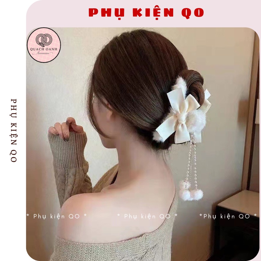Kẹp tóc lông vũ mềm mại đính nơ và quả bông tua rua KEP19