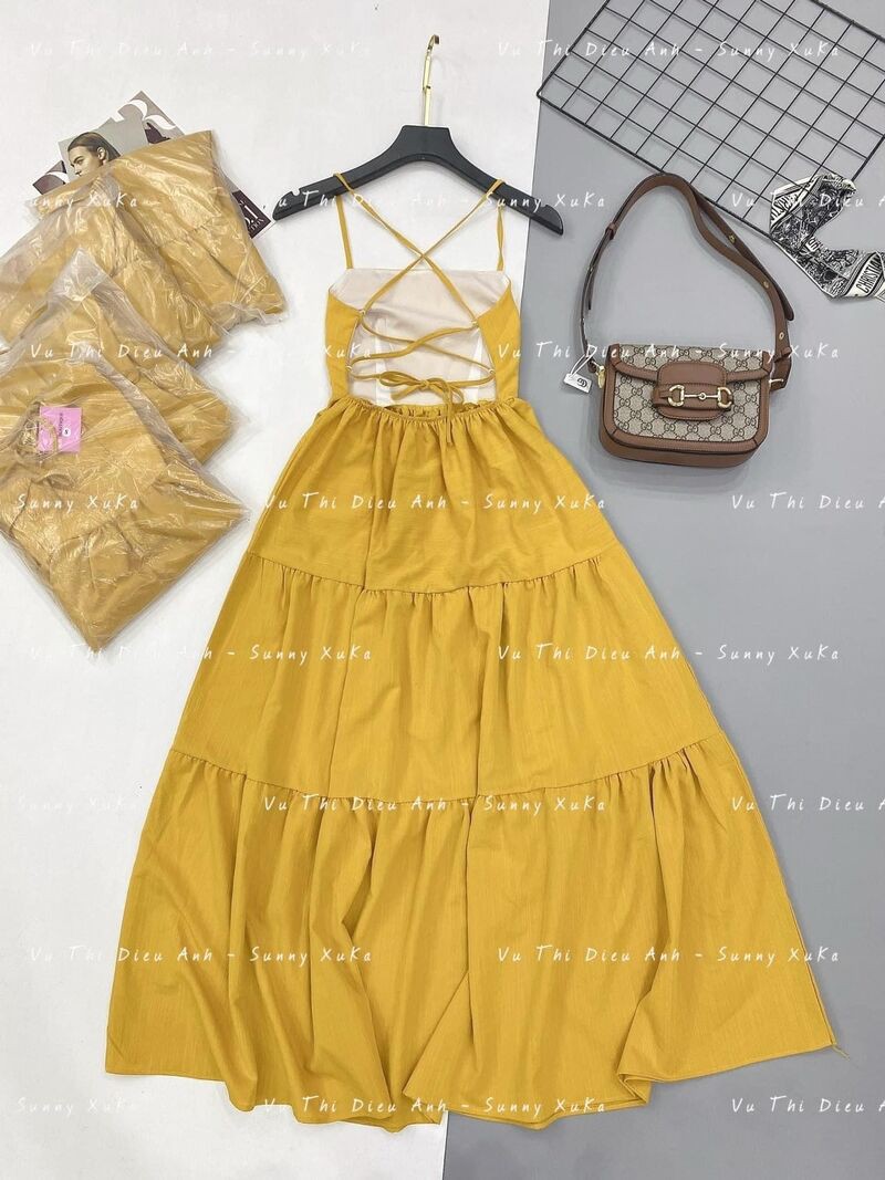 [Mã FAMAYWA2 giảm 10K đơn 50K] Váy maxi vàng 2 dây buộc đan lưng cá tính | BigBuy360 - bigbuy360.vn