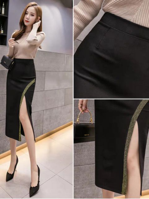 Chân váy đen xẻ phối nhũ