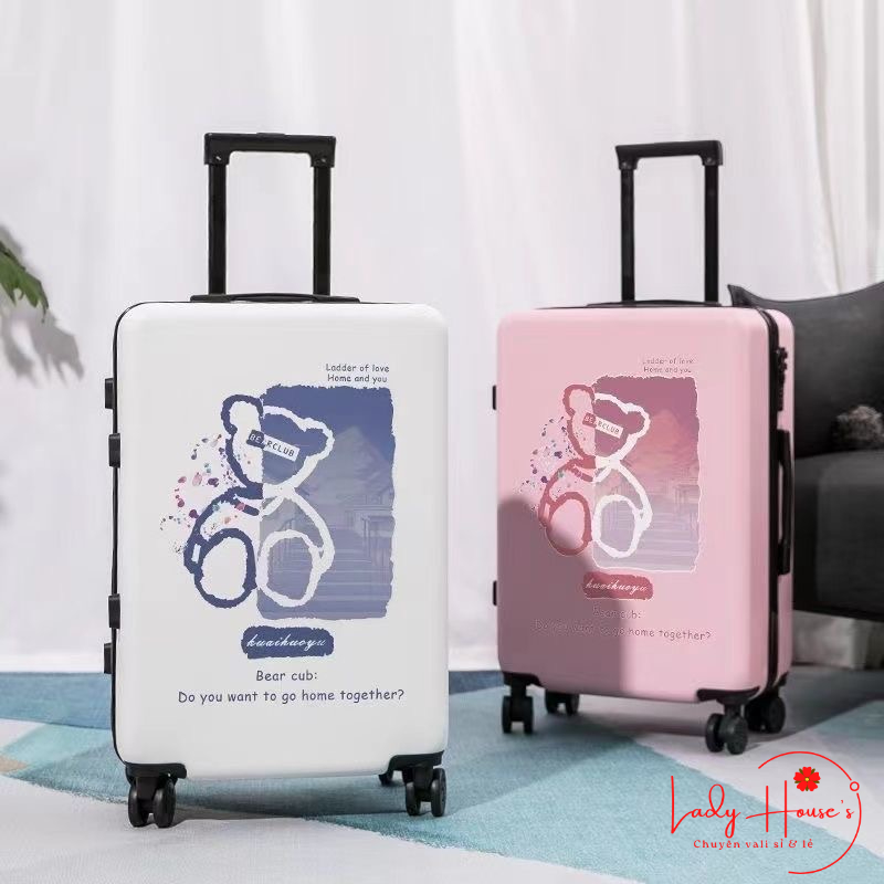MẪU MỚI_VaLi Kéo Du Lịch In Hình Gấu Dễ Thương Chất Liệu Nhựa Nhám PC+ABS Bền Hàng Sẵn Kho Đủ Size 20/24/26 inch