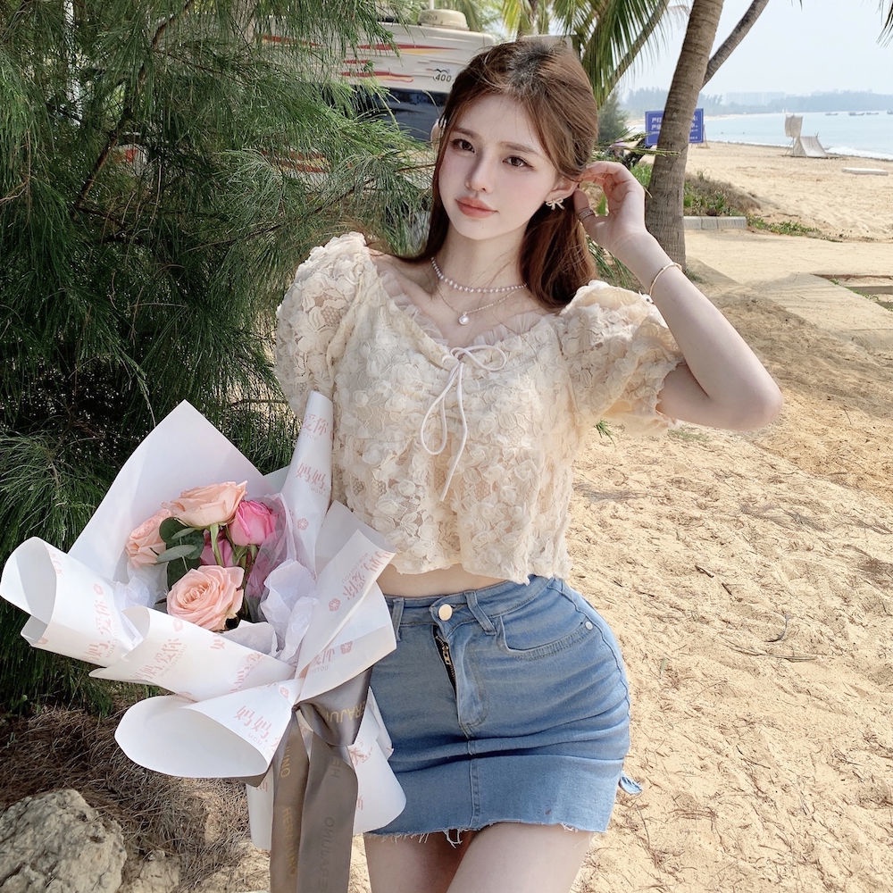 Áo kiểu Pure Cube tay phồng họa tiết hoa hồng phong cách retro dành cho nữ