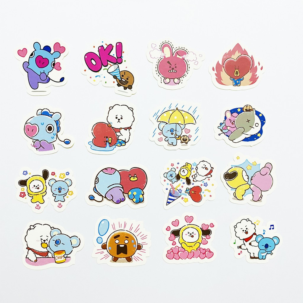 Bộ 32 miếng sticker BT21 (1) dán trang trí laptop, máy tính bỏ túi, vali, điện thoại, đàn ghita, hộp..