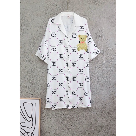 Váy ngủ sơ mi Hồng baby tay dài lụa satin cao cấp quảng châu